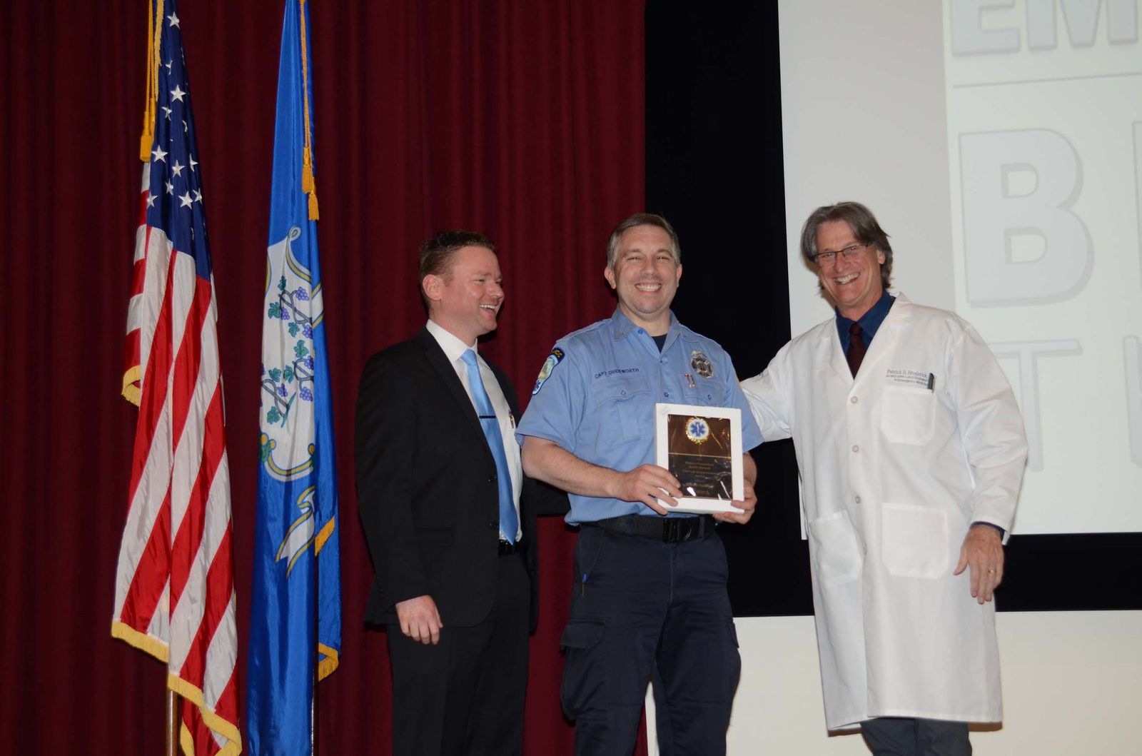 Rom Duckworth receiving the Lifetime Achievement Award at the Danbury Hospital EMS recognition dinner.