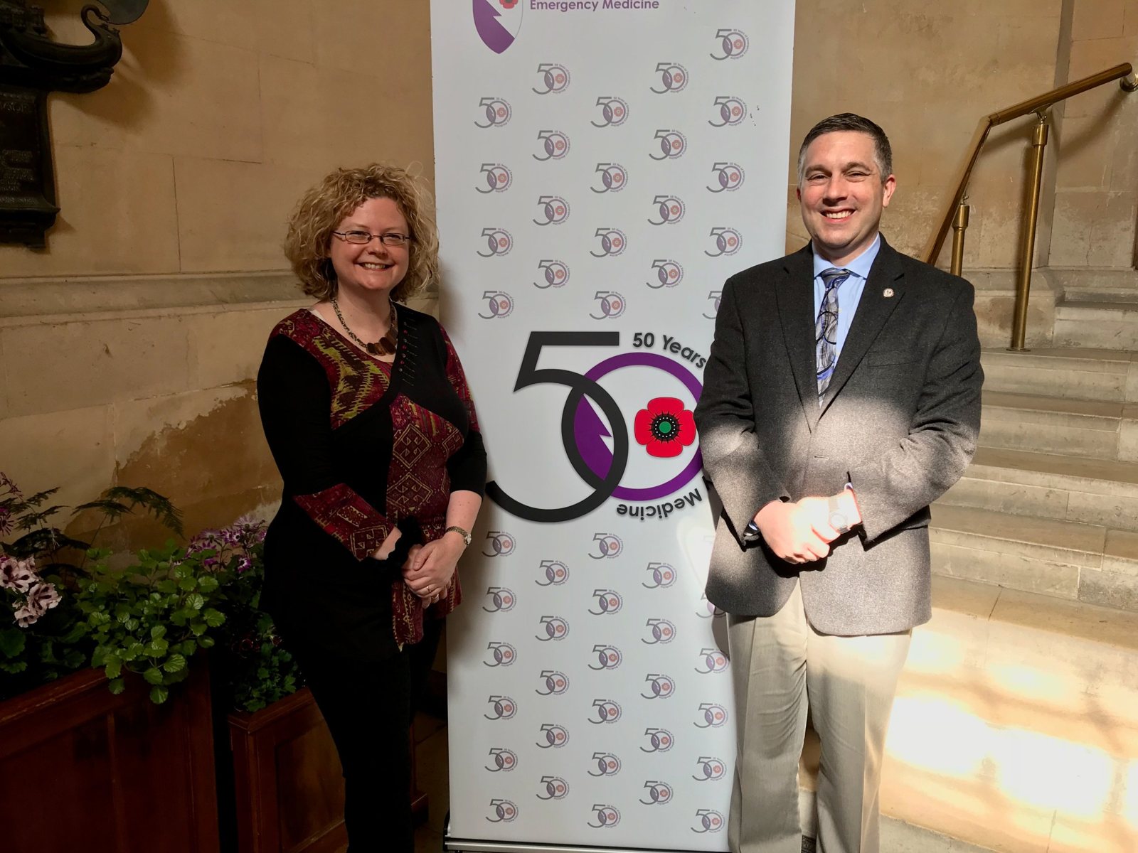Rom Duckworth with Dr. Linda Dykes at the Royal College of Emergency Medicine 50th anniversary symposium in Cardiff, 2017.